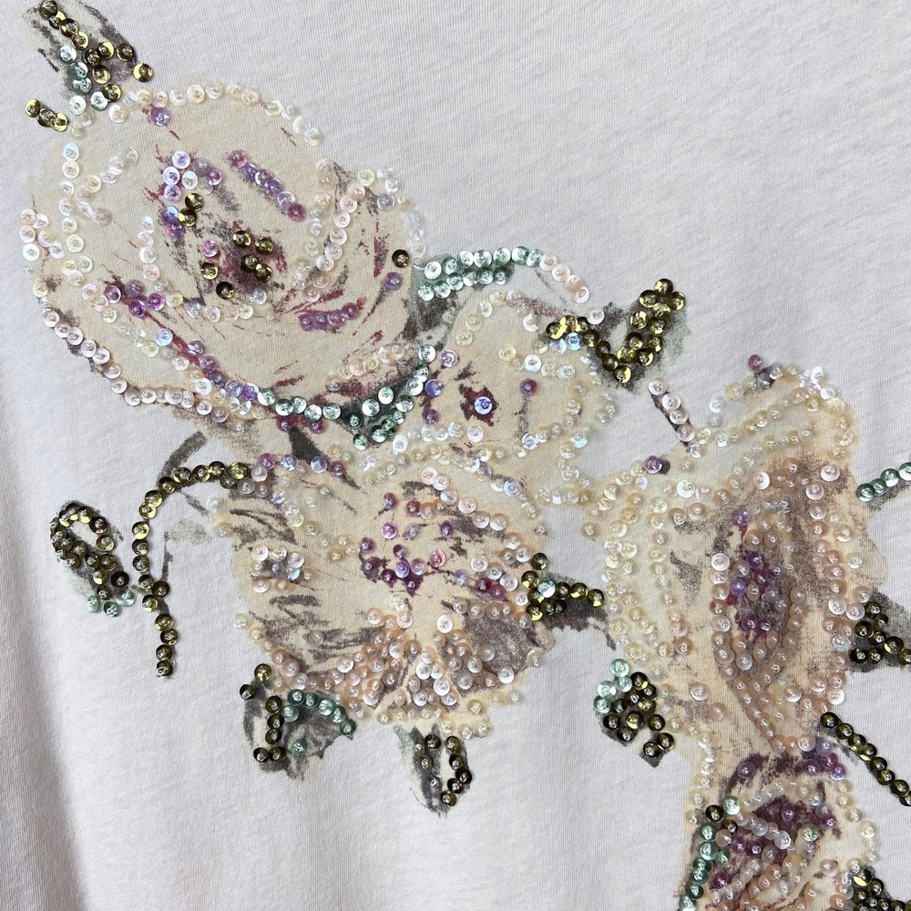 J.Crew Beaded Floral Sequin Embellished T Shirt Top Size M Y2K Fairy Baby Tee - Picture 6 of 10